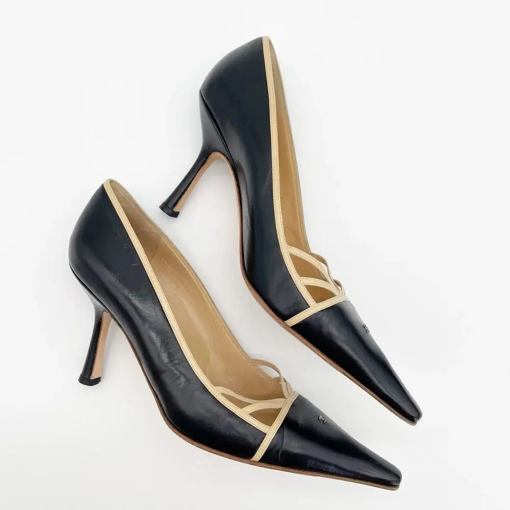 Chanel Vintage Black Leather Pumps Beige Crisscross Straps Micro CC Heels EU 40